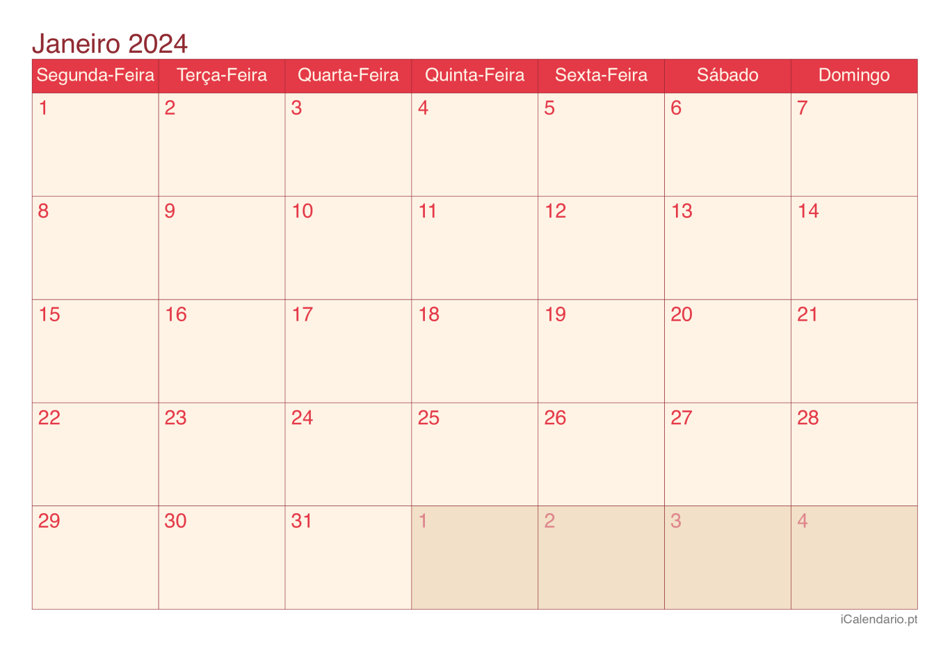 Calendário por mês 2024 - Cherry
