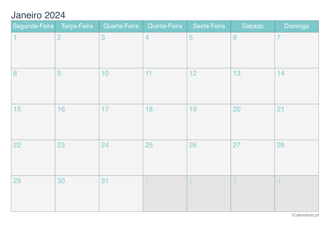 Calendário por mês 2024 - Turquesa
