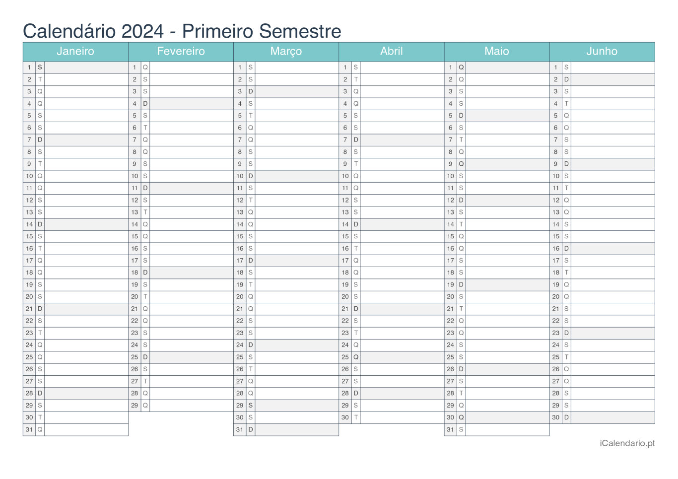 Calendário por semestre 2024 - Turquesa