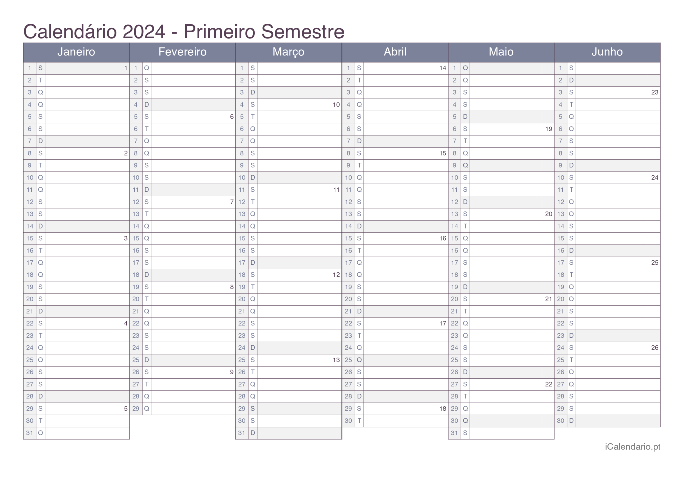 Calendário por semestre com números da semana 2024 - Office