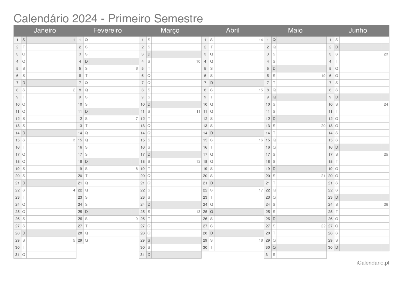 Calendário por semestre com números da semana 2024